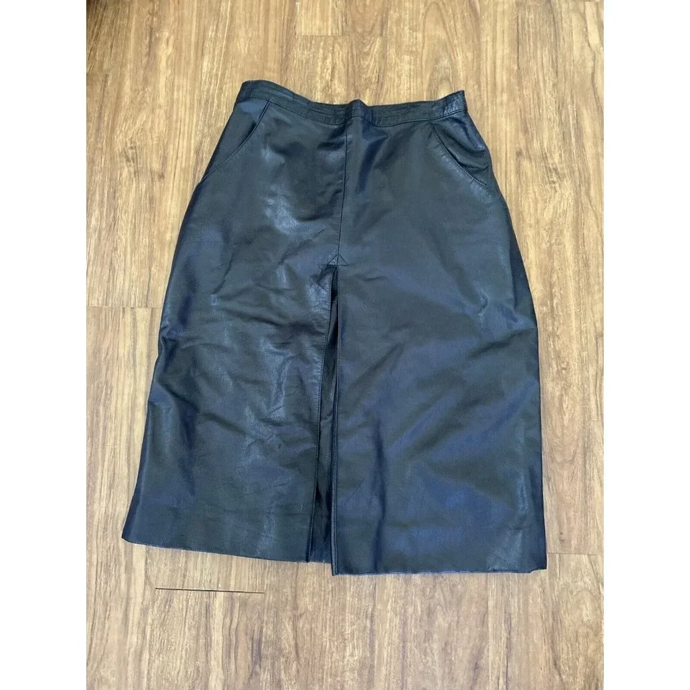 Beged -Or Israel‎ Vintage Black Midi Pleat Leather Pencil Skirt 14 More Like 6